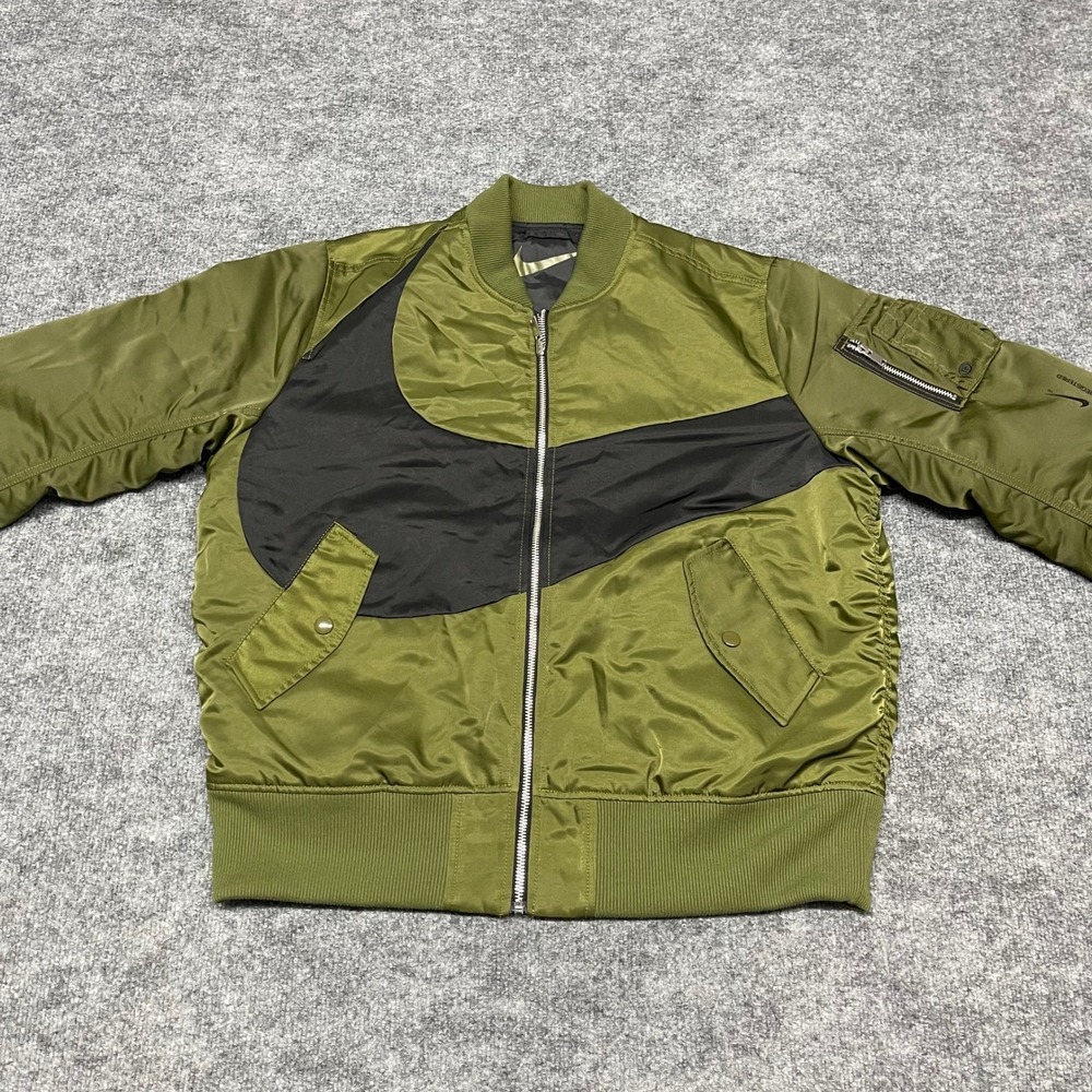 Nike Bomber Jacket Men Medium Black Olive Green Reversible Big Swoosh Therma-Fit